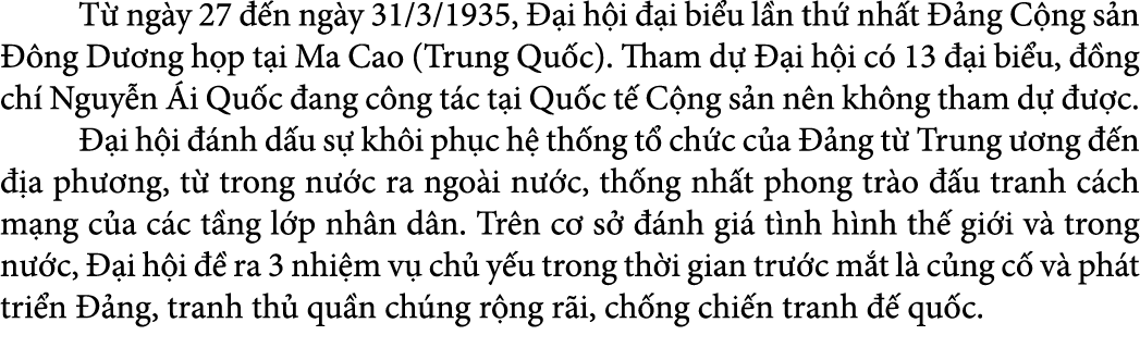  T ng y 27   n ng y 31/3/1935,   i h i   i bi u l n th  nh t   ng C ng s n   ng D  ng h p t i Ma Cao (Trung Qu c). T...