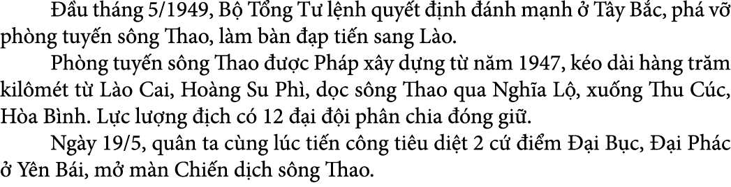   u th ng 5/1949, B  T ng T  l nh quy t   nh   nh m nh   T y B c, ph  v  ph ng tuy n s ng Thao, l m b n   p ti n san...