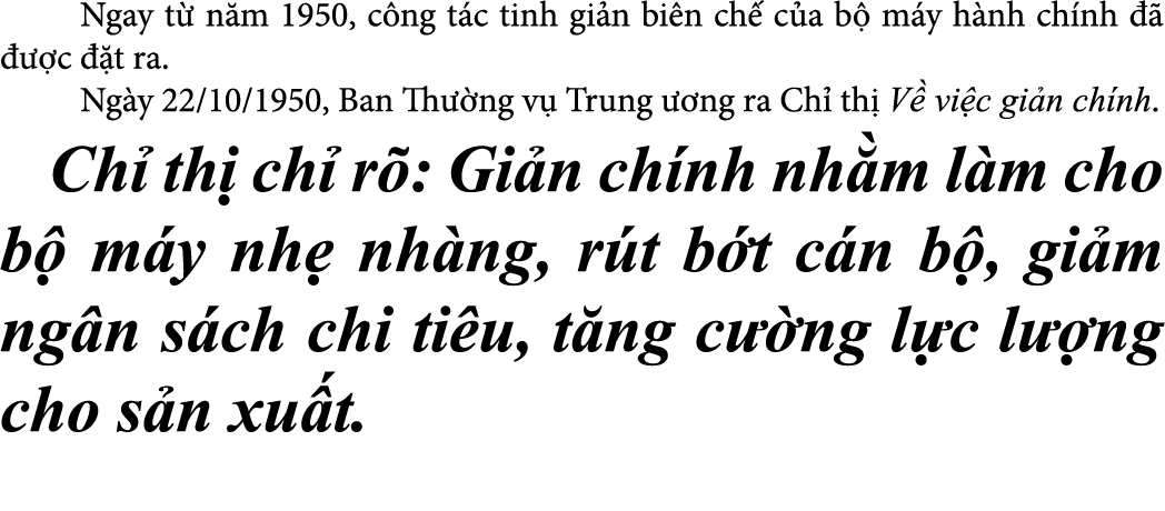  Ngay t n m 1950, c ng t c tinh gi n bi n ch  c a b  m y h nh ch nh       c   t ra. Ng y 22/10/1950, Ban Th  ng v  T...