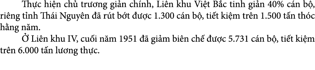  Th c hi n ch tr  ng gi n ch nh, Li n khu Vi t B c tinh gi n 40% c n b , ri ng t nh Th i Nguy n    r t b t    c 1.30...