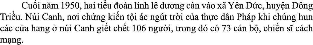  Cu i n m 1950, hai ti u o n l nh l  d  ng c n v o x  Y n   c, huy n   ng Tri u. N i Canh, n i ch ng ki n t i  c ng ...