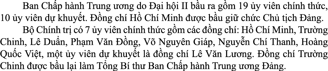  Ban Ch p h nh Trung  ng do   i h i II b u ra g m 19  y vi n ch nh th c, 10  y vi n d  khuy t.   ng ch  H  Ch  Minh ...