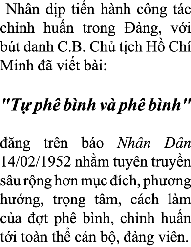  Nh n d p ti n h nh c ng t c ch nh hu n trong  ng, v i b t danh C.B. Ch  t ch H  Ch  Minh    vi t b i: \“T  ph  b nh...