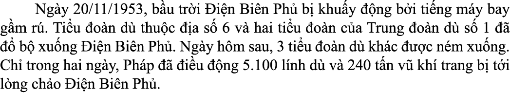  Ng y 20/11/1953, b u tr i i n Bi n Ph  b  khu y   ng b i ti ng m y bay g m r . Ti u  o n d  thu c   a s  6 v  hai t...