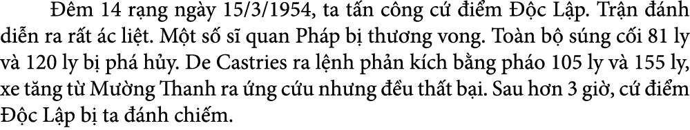   m 14 r ng ng y 15/3/1954, ta t n c ng c   i m   c L p. Tr n   nh di n ra r t  c li t. M t s  s  quan Ph p b  th  n...