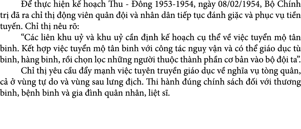    th c hi n k  ho ch Thu   ng 1953 1954, ng y 08/02/1954, B  Ch nh tr     ra ch  th    ng vi n qu n   i v  nh n d n...