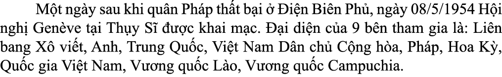  M t ng y sau khi qu n Ph p th t b i   i n Bi n Ph , ng y 08/5/1954 H i ngh  Gen ve t i Th y S     c khai m c.   i d...